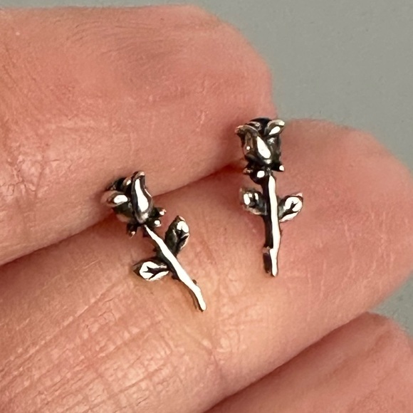 Sterling Silver Tiny Rose Stud Earrings - Picture 9 of 11